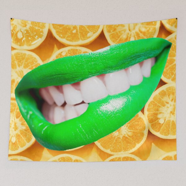Item preview, Luscious green lips on a background of zesty oranges designed and sold by cheeseonbread.