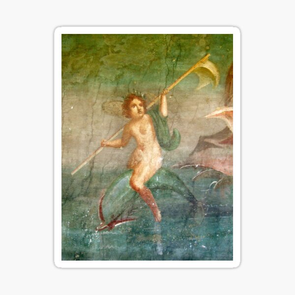 Boy Nymph. Naked, Riding Dolphin, Fresco, Pompeii, Pompei. Sticker