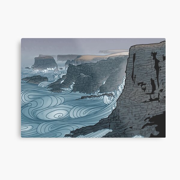 Japanese watercolour and wood print inspired Shetland cliffs Metal Print