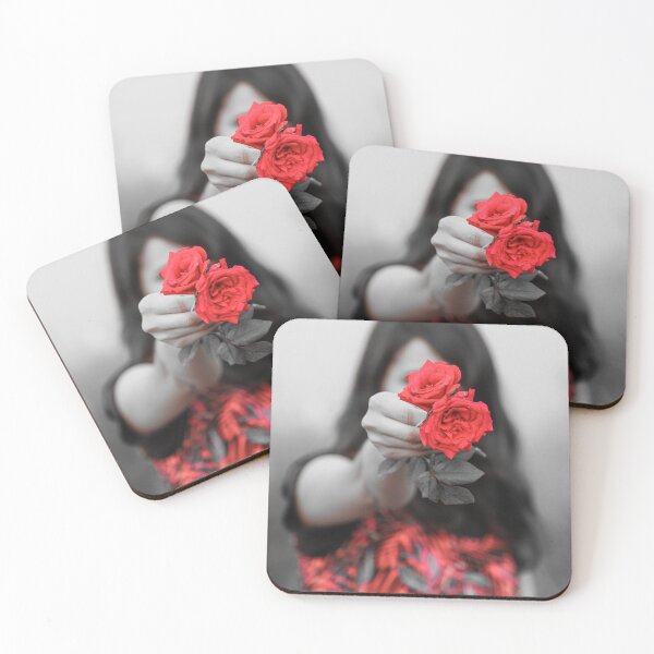 Artikelvorschau, Schwarzweiss-Foto einer jungen Frau, die eine rote Rose und die Rose hält und gibt, ist nur bunt vor ihrem Gesicht entworfen und verkauft von FCEalin.