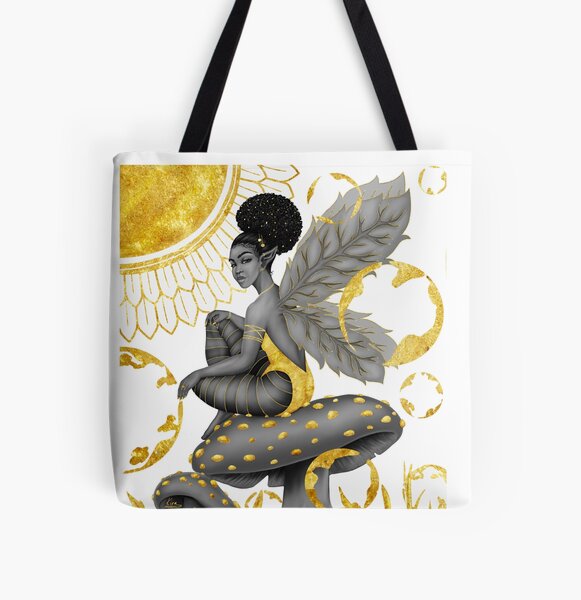 Black White Gold and Fairy | Black Woman Fantasy Art All Over Print Tote Bag