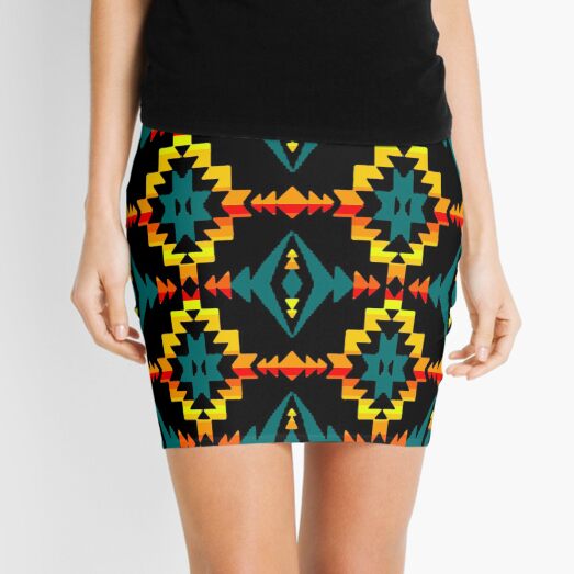 Native American Teal Geometric Design Mini Skirt