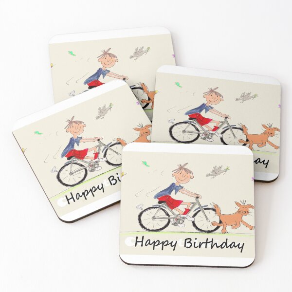 Item preview, Happy Birthday, happy boy riding his new bike with his pet dog alongside him designed and sold by Michael Mills.