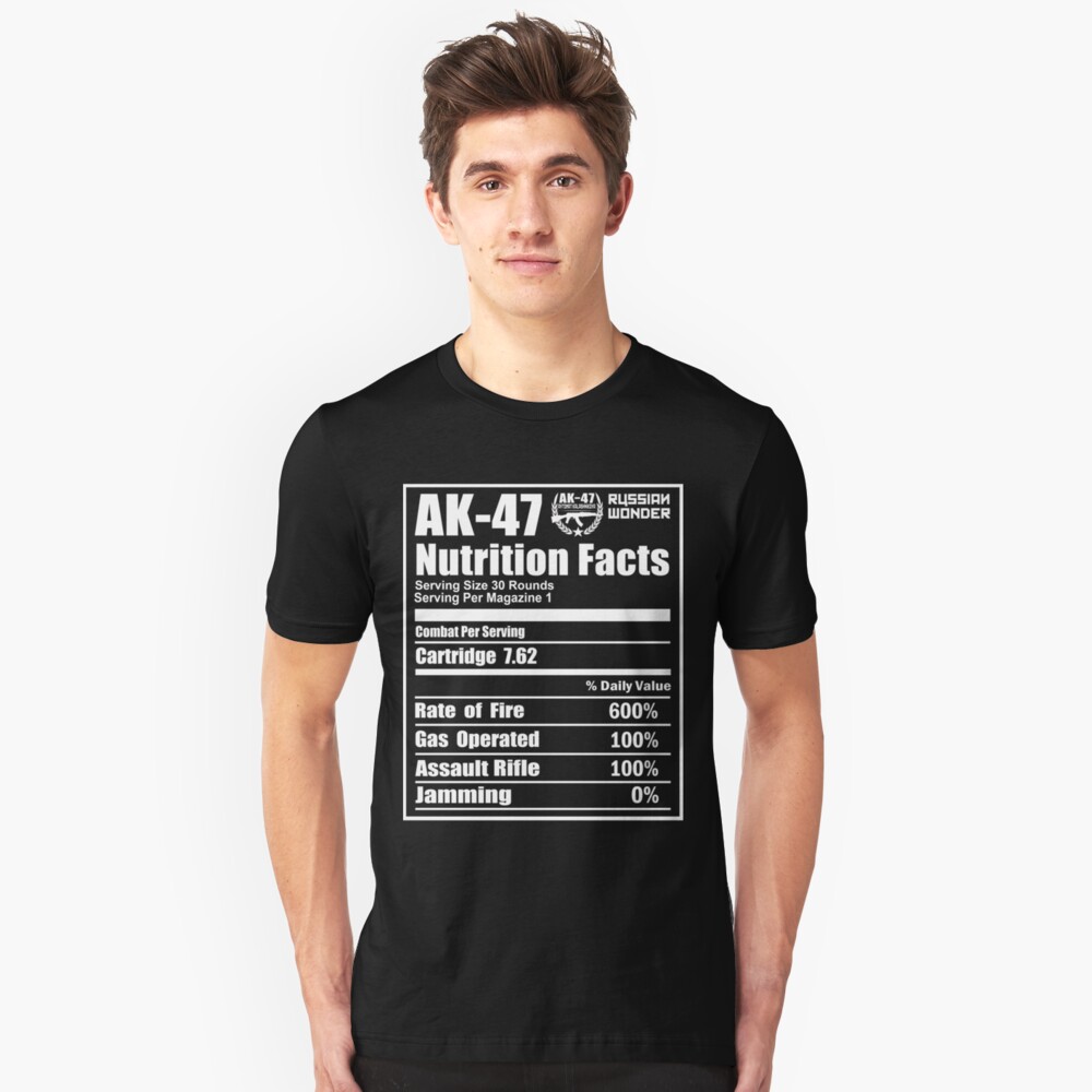 New AK-47 Kalashnikov Nutrition Facts Russian Wonder Assault Rifle Funny T-shirt