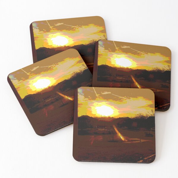 Item preview, Front Yard Posterized Golden Sunrise in Cul De Sac Early Morning Flying Jet Streaks in Grey Blue Clear Sky designed and sold by NadeenInspires.