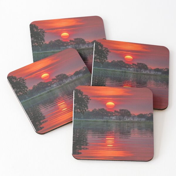 Item preview, Reflection of Red Hot Sunset in Misty Evening Sky Surrounded by Houses Trees The Lakes Cedar Grove, Georgia designed and sold by NadeenInspires.