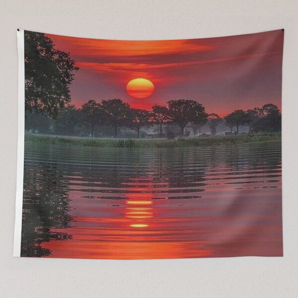 Item preview, Reflection of Red Hot Sunset in Misty Evening Sky Surrounded by Houses Trees The Lakes Cedar Grove, Georgia designed and sold by NadeenInspires.
