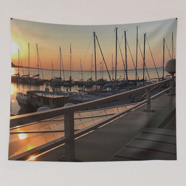 Item preview, Peaceful sunset over marina with sailboat mast on Baltic sea in Langballig yachting harbor, Schleswig- Flensburg, Germany  designed and sold by Khala.