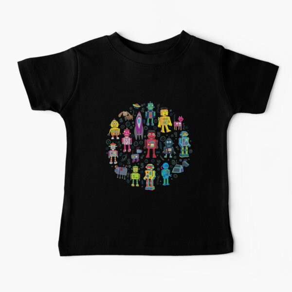 Robots in Space - black - fun pattern by Cecca Designs Baby T-Shirt