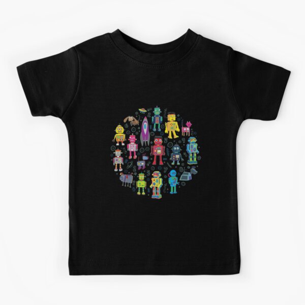 Robots in Space - black - fun pattern by Cecca Designs Kids T-Shirt