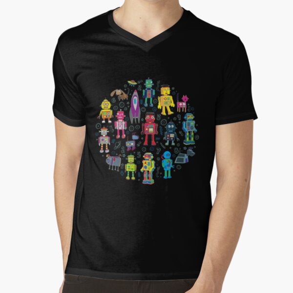 Robots in Space - black - fun pattern by Cecca Designs V-Neck T-Shirt