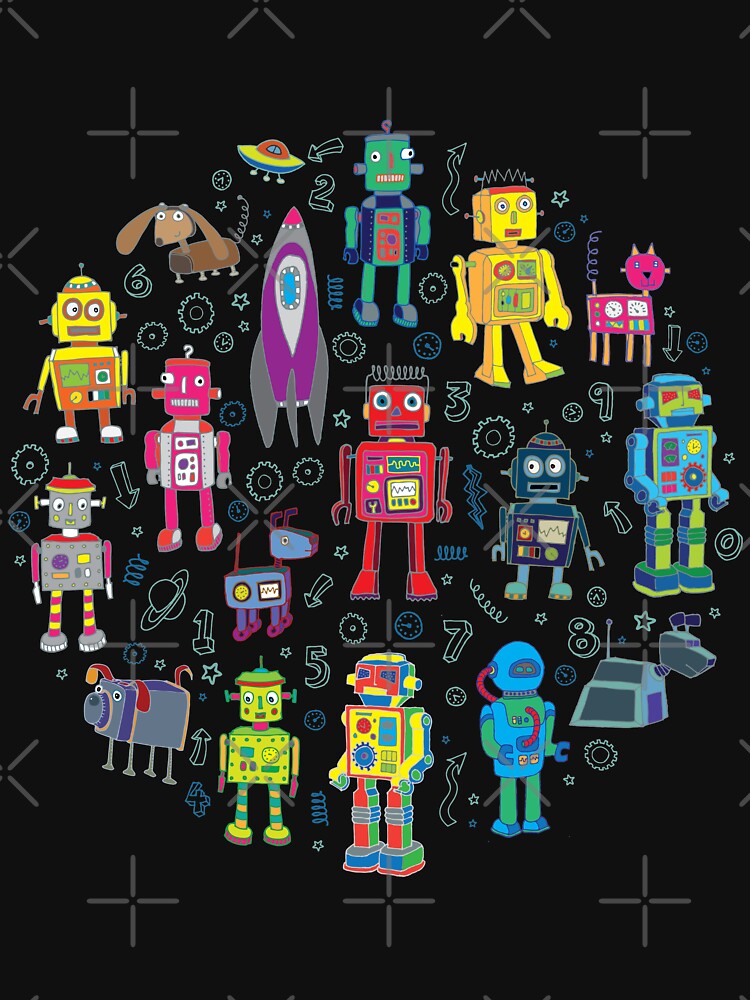 Robots in Space - black - fun pattern by Cecca Designs by Cecca-Designs