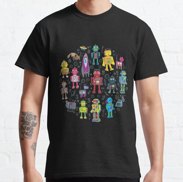 Robots in Space - black - fun pattern by Cecca Designs Classic T-Shirt