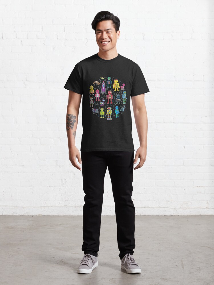 Alternate view of Robots in Space - black - fun pattern by Cecca Designs Classic T-Shirt