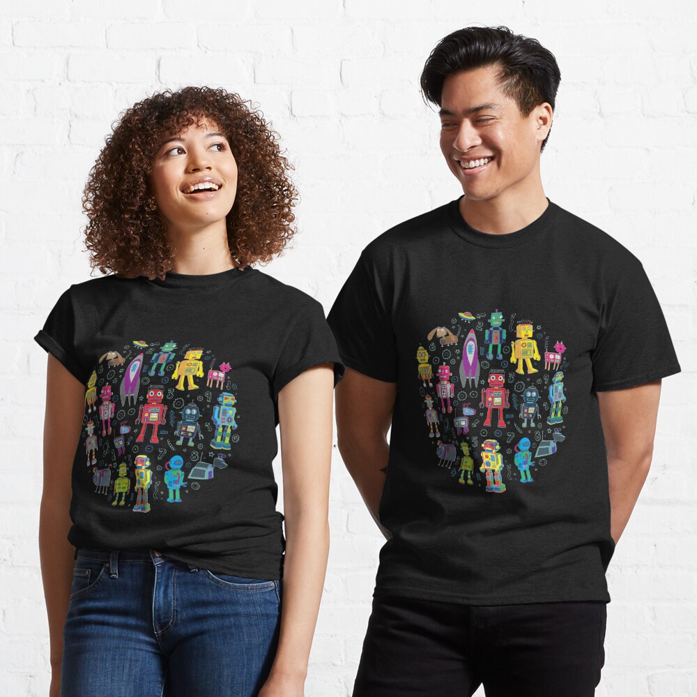 Robots in Space - black - fun pattern by Cecca Designs Classic T-Shirt