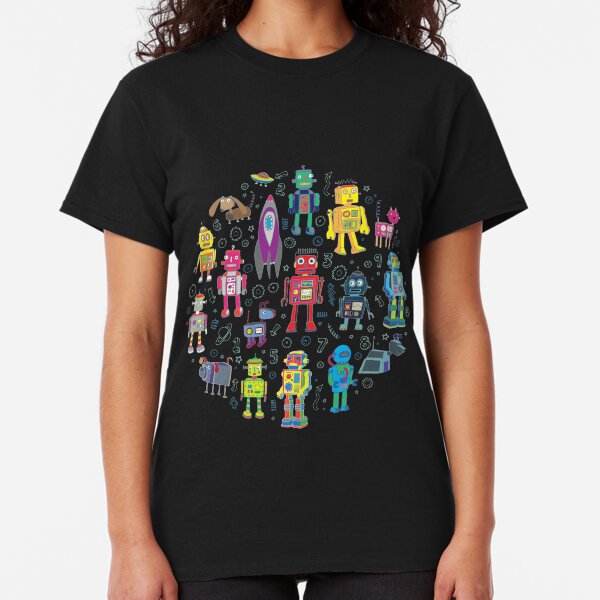 Robots in Space - black - fun pattern by Cecca Designs Classic T-Shirt