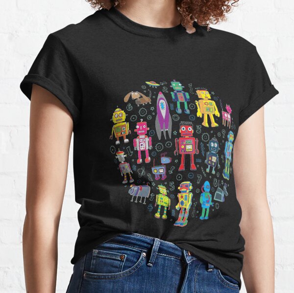 Robots in Space - black - fun pattern by Cecca Designs Classic T-Shirt