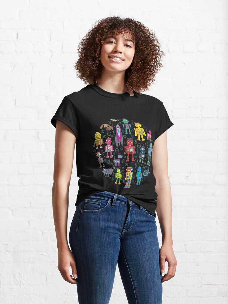 Alternate view of Robots in Space - black - fun pattern by Cecca Designs Classic T-Shirt