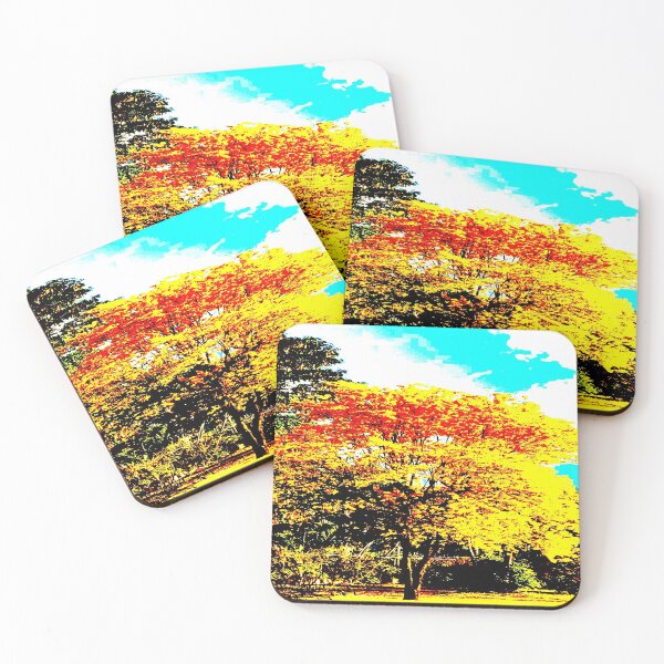 Item preview, Spring is Here Luminous Red Yellow Tree Leaves Against Dark Green Trees/Shrubs and Aqua Blue Sky designed and sold by NadeenInspires.