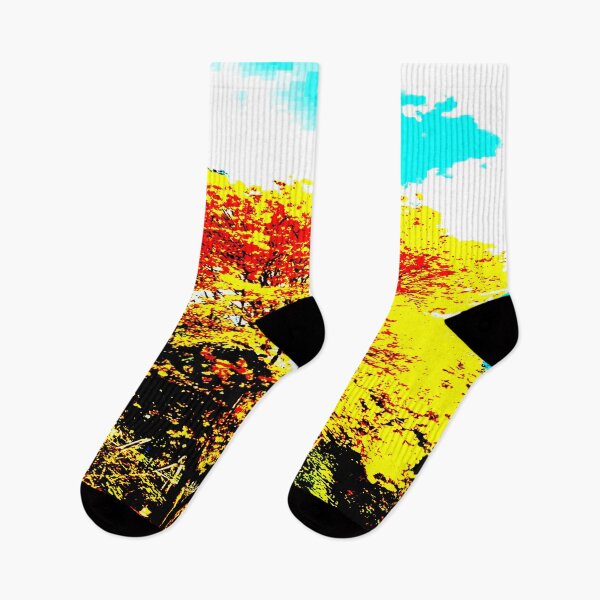 Item preview, Spring is Here Luminous Red Yellow Tree Leaves Against Dark Green Trees/Shrubs and Aqua Blue Sky designed and sold by NadeenInspires.