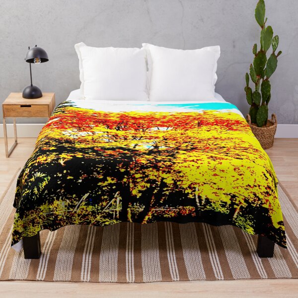 Item preview, Spring is Here Luminous Red Yellow Tree Leaves Against Dark Green Trees/Shrubs and Aqua Blue Sky designed and sold by NadeenInspires.