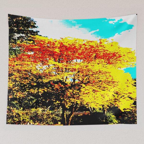 Item preview, Spring is Here Luminous Red Yellow Tree Leaves Against Dark Green Trees/Shrubs and Aqua Blue Sky designed and sold by NadeenInspires.
