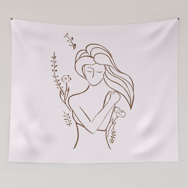 Item preview, Abstract artistic illustration of a woman hugging herself with flowers behind her art print designed and sold by AwenArtPrints.