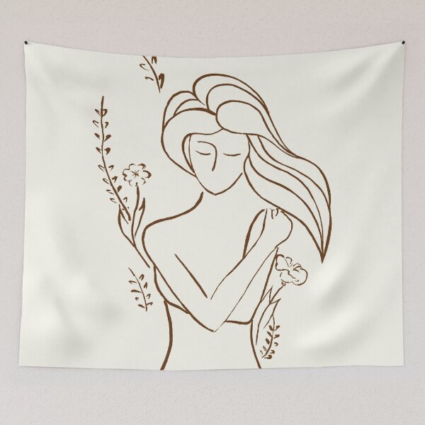 Item preview, Abstract artistic illustration of a woman hugging herself with flowers behind her art print designed and sold by AwenArtPrints.