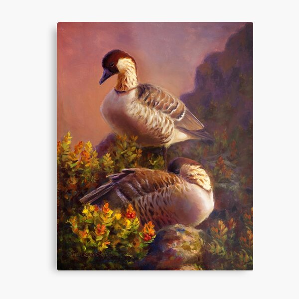Hawaiian Nene Goose Painting of Birds Resting Among Ohelo Plants Metal Print