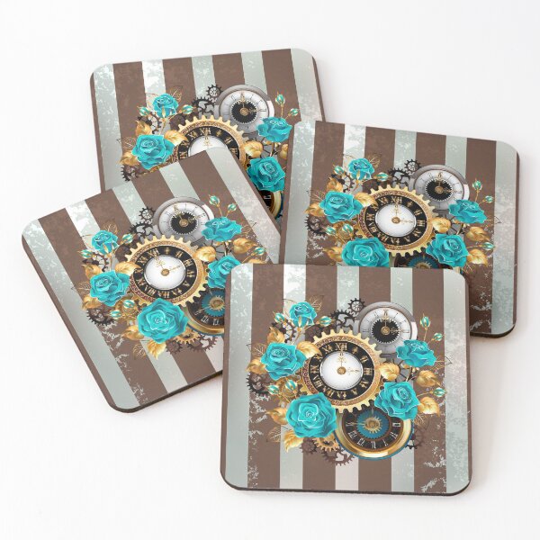 Item preview, Steampunk Striped Background with Clock and Turquoise Roses designed and sold by Blackmoon9.