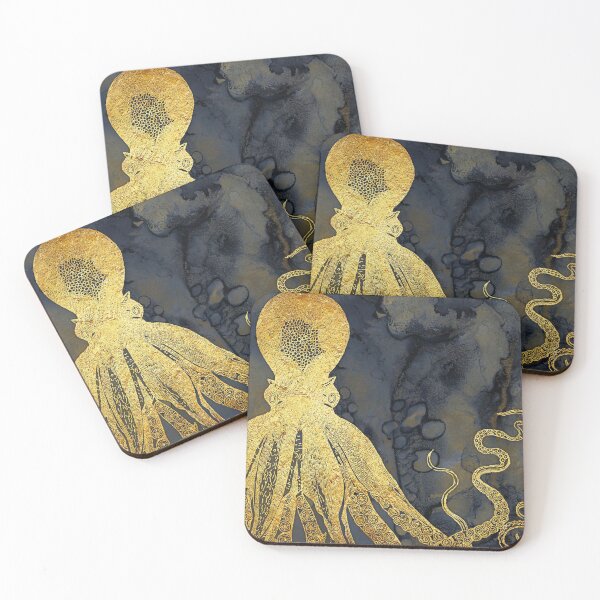 Item preview, Indigo and midnight blue mixed media ink painting with soft textured gold designed and sold by SilverSpiral.