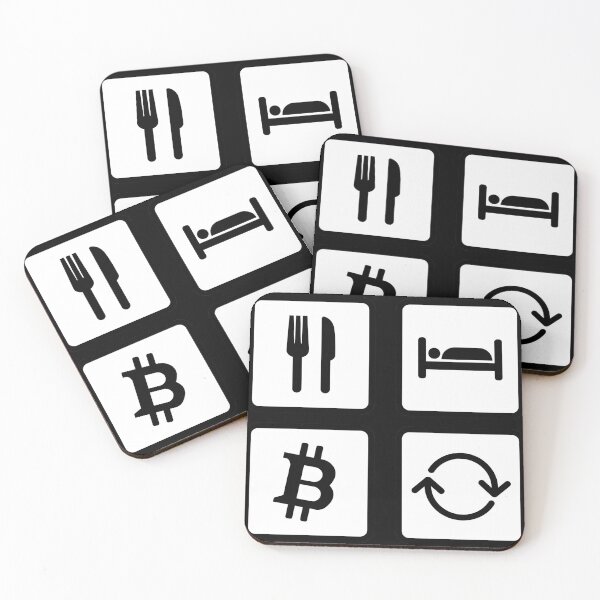 Item preview, Eat, sleep, bitcoin, repeat 4 square iconography artwork- white and black designed and sold by TheVibeMerchant.