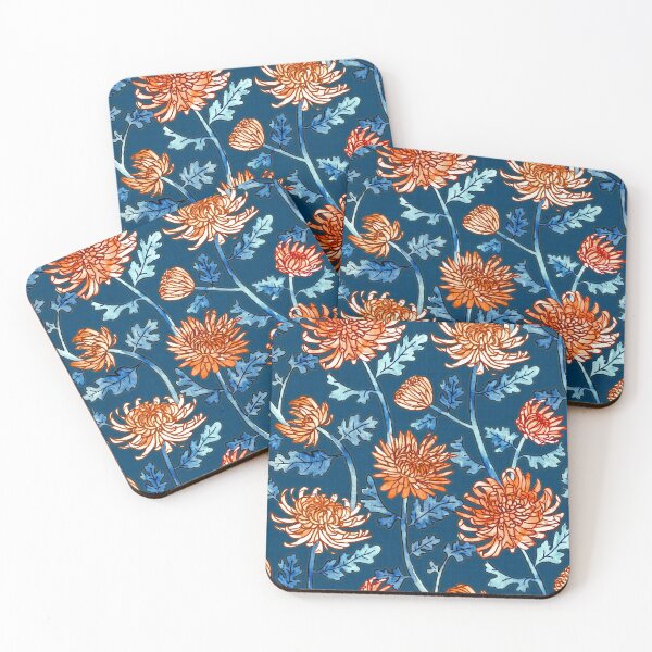 Item preview, Orange Chrysanthemum Watercolor & Pen Pattern - Navy designed and sold by TigaTiga.