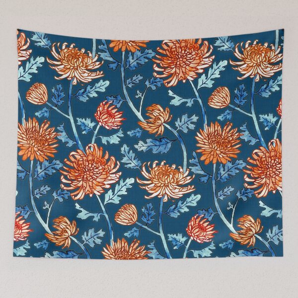 Item preview, Orange Chrysanthemum Watercolor & Pen Pattern - Navy designed and sold by TigaTiga.