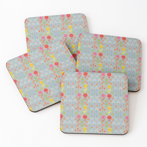 Item preview, Folk art flowers brights on grey background designed and sold by sueshormanart.