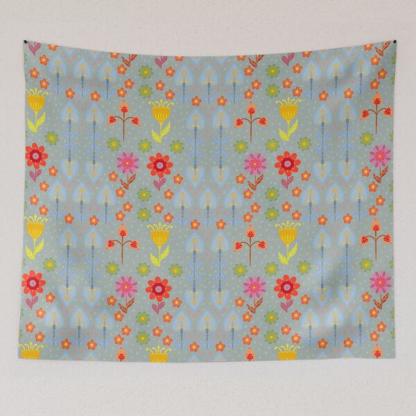 Item preview, Folk art flowers brights on grey background designed and sold by sueshorman.
