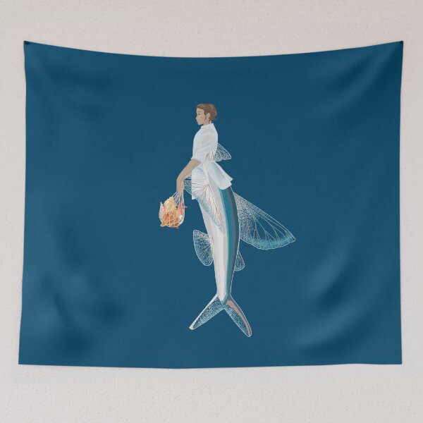 Item preview, Flying Fish Mermaid on Deep Ocean Blue designed and sold by thistleandspade.