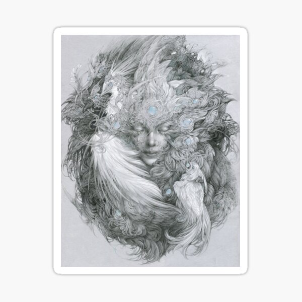 Fairy lady with white peacock and raven. Sticker
