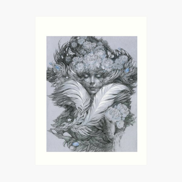 Fairy lady with white feathers and roses. Art Print