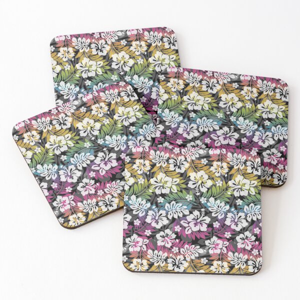 Item preview, Large Hawaiian Print - Hibiscus, Plumeria, and Leaves in rainbow and black designed and sold by Teamtsunami6.