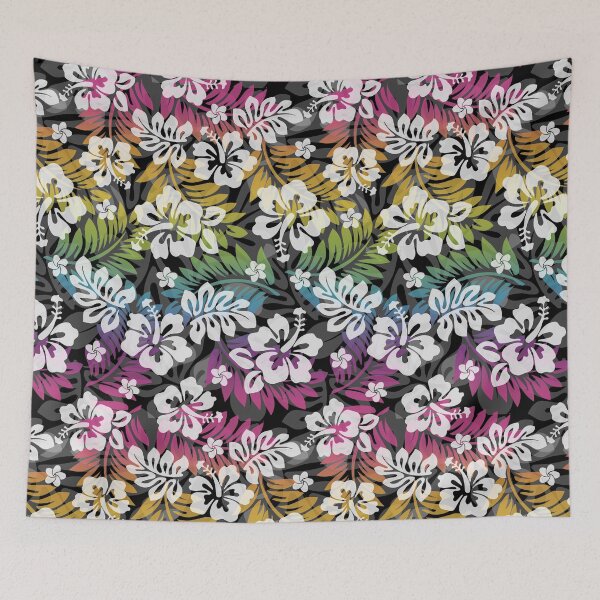 Item preview, Large Hawaiian Print - Hibiscus, Plumeria, and Leaves in rainbow and black designed and sold by Teamtsunami6.