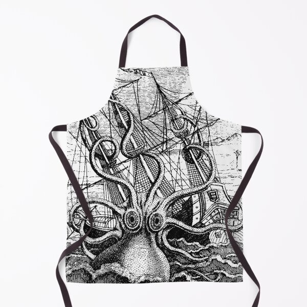 Vintage Kraken attacking ship illustration with white background Apron