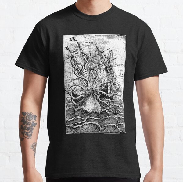 Vintage Kraken attacking ship illustration with white background Classic T-Shirt