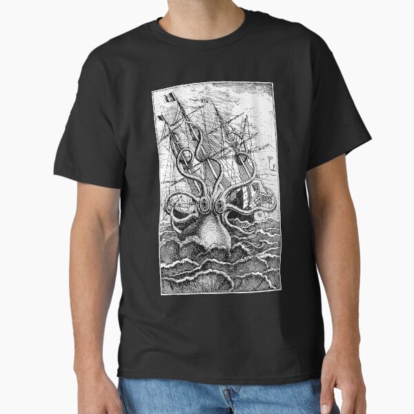 Vista previa del artículo con la obra «Ilustración de barco atacante Kraken vintage con fondo blanco», diseñado y vendido por monsterplanet.