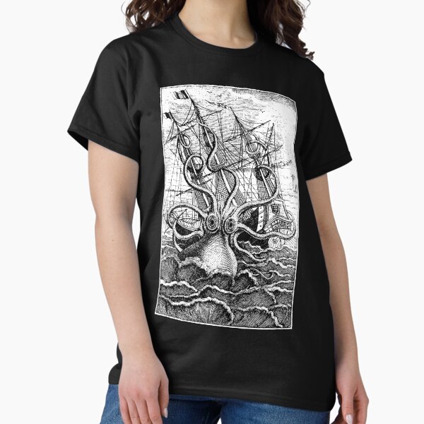 Item preview, Vintage Kraken attacking ship illustration with white background designed and sold by monsterplanet.