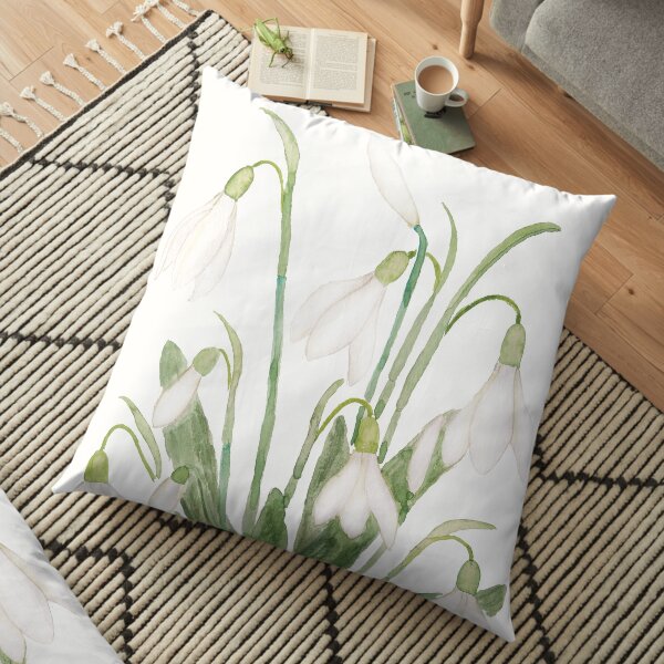 aquarelle botanique blanche fleur perce-neige Coussin de sol