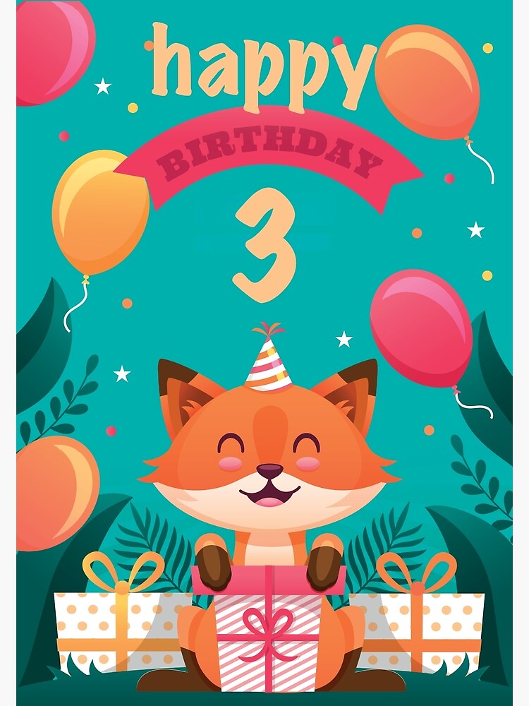 Carte de vœux for Sale avec l'œuvre « Joyeux anniversaire renard avec des  cadeaux - trois ans » de l'artiste Tania Steyn