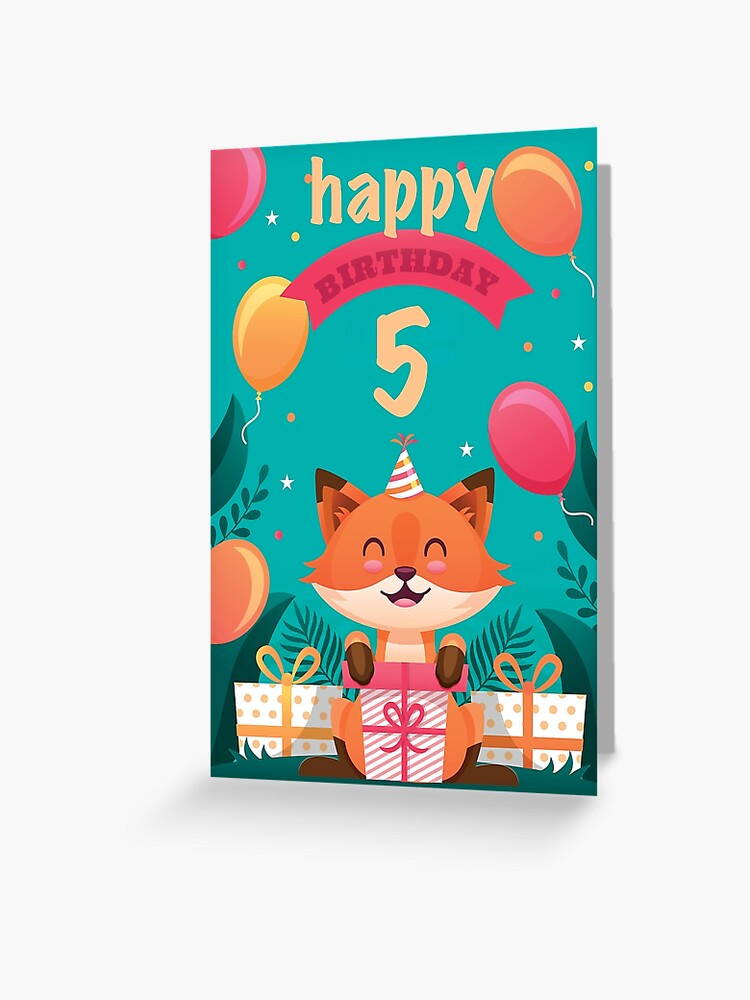 Happy birthday fox with gifts - five years old | Greeting Card