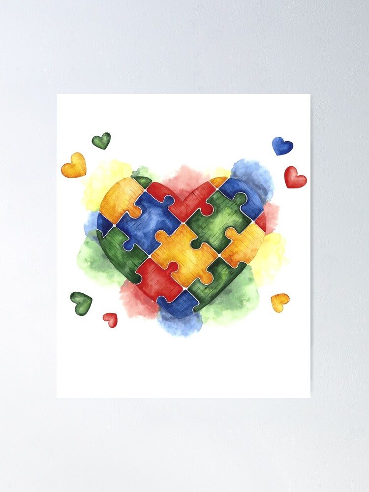 Autism Awareness & Support Puzzle Pieces, Heart Graphic Art Design face  masks, Phone Cases, Apparel & Gifts | Poster