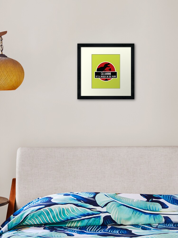 Thumbnail 1 of 7, Framed Art Print, Walk In The Park Dinosaur Broom Fun Cleaning Lady Gifts designed and sold by SavvyCleaner.